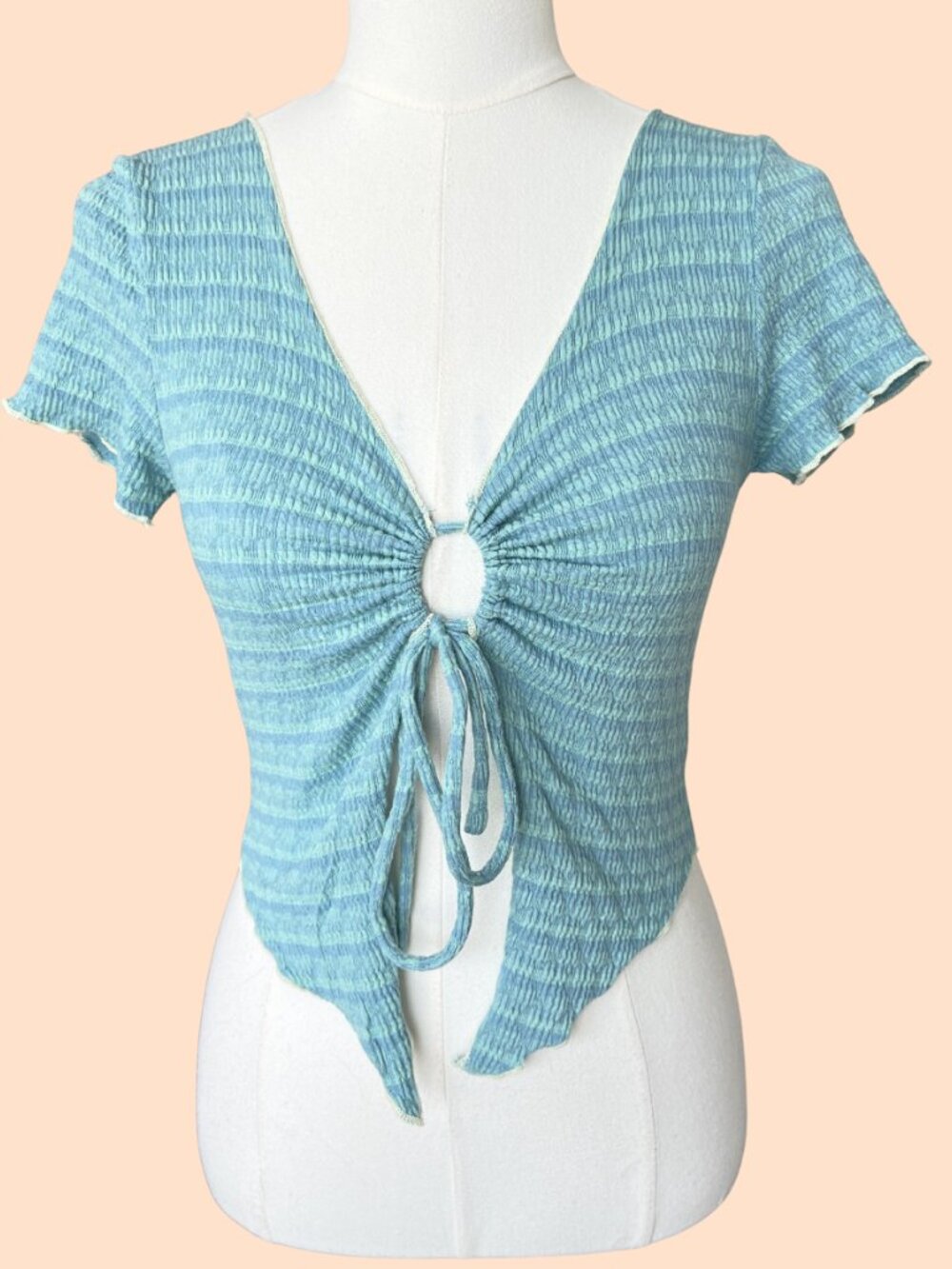 Soft Blue Textured Cinch Front Crop Top